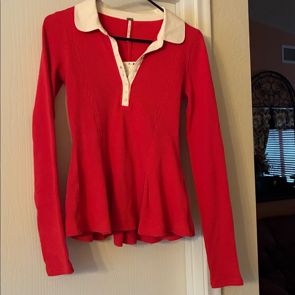 Free People Red Waffle Knit Long Sleeve Peplum Top with White Trim, XS, NWT